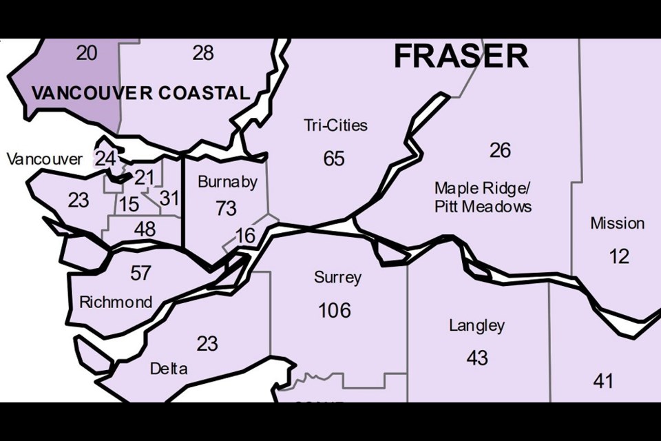 COVID-19 local health area case numbers as of May 21, 2022.