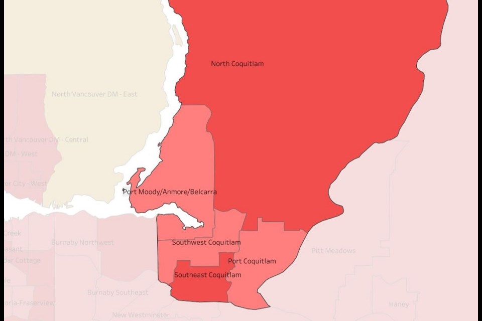 New BC Centre for Disease Control data for April 10-16, 2022, breaks down the Tri-Cities into five neighbourhoods for more detailed information: North Coquitlam, Southwest Coquitlam, Southeast Coquitlam, Port Coquitlam and Port Moody-Anmore-Belcarra.