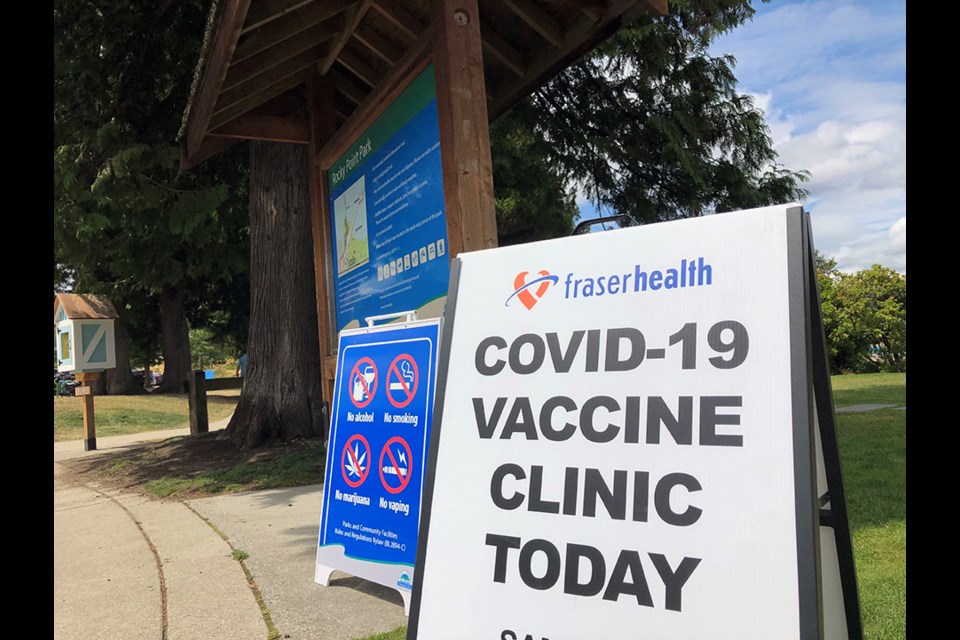 Fraser Health hosted a pop-up immunization clinic at Port Moody's Rocky Point Park on July 17, 2021, where eligible residents who had not received their first dose could get jabbed, while those looking for a second were placed on a waitlist.