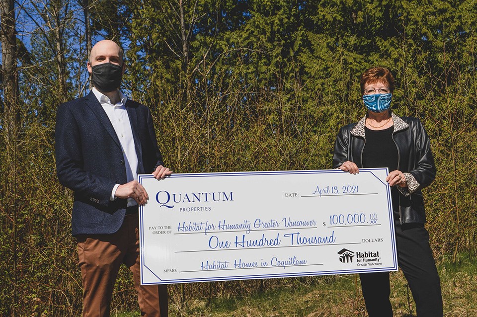 Quantum Properties has donated $100,000 to Habitat for Humanity as the non-profit is set to build 40 new townhomes in Coquitlam on Coast Meridian Road.