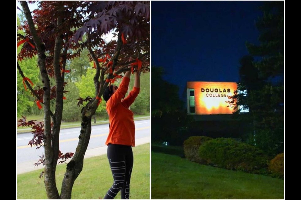 Douglas College has tied orange ribbons to local trees which will remain in place for 215 days in honour of the children found in unmarked graves at a former Kamloops residential school.