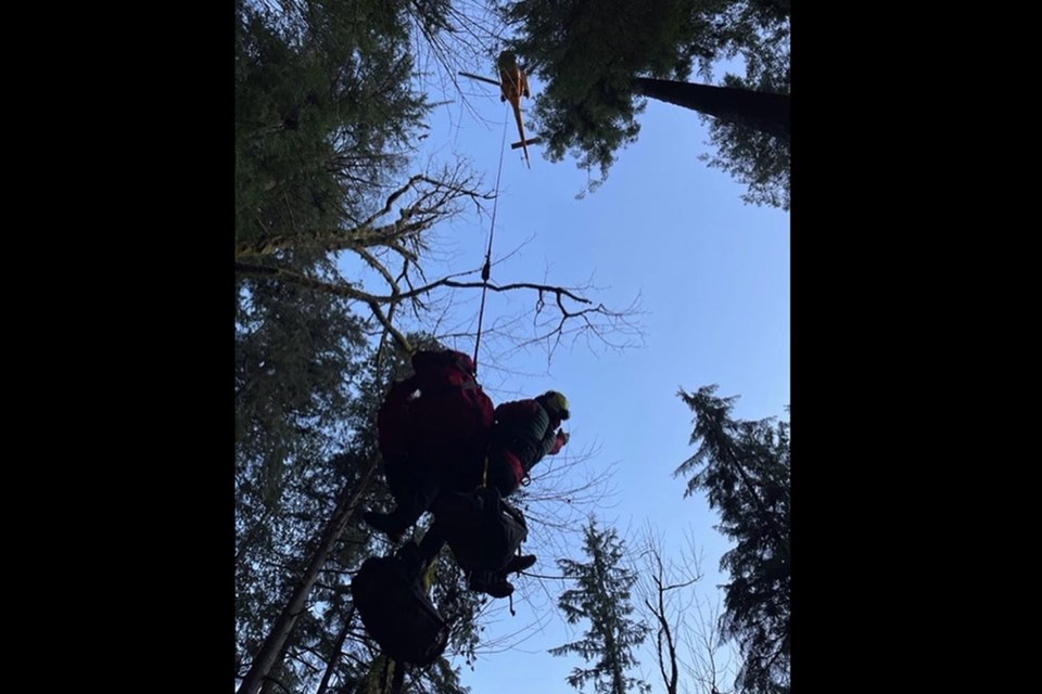 A hiker was taken to medical services by helicopter on Feb. 21, 2022, after Coquitlam Search and Rescue crews found them injured along the Swan Falls trail near Buntzen Lake.