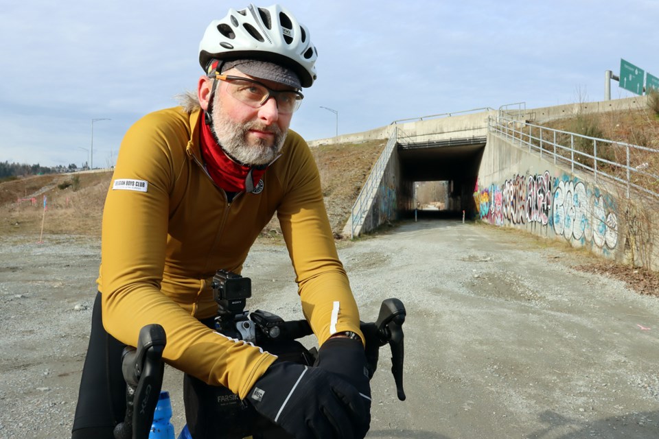 Phil Smith says trail closures near Maquabeak and in Colony Farm parks to accommodate construction of the Trans Mountain pipeline will mean he has to ride the narrow shoulders of the busy Mary Hill Bypass as he commutes between his home in New Westminster and the brewery he owns in Port Coquitlam.