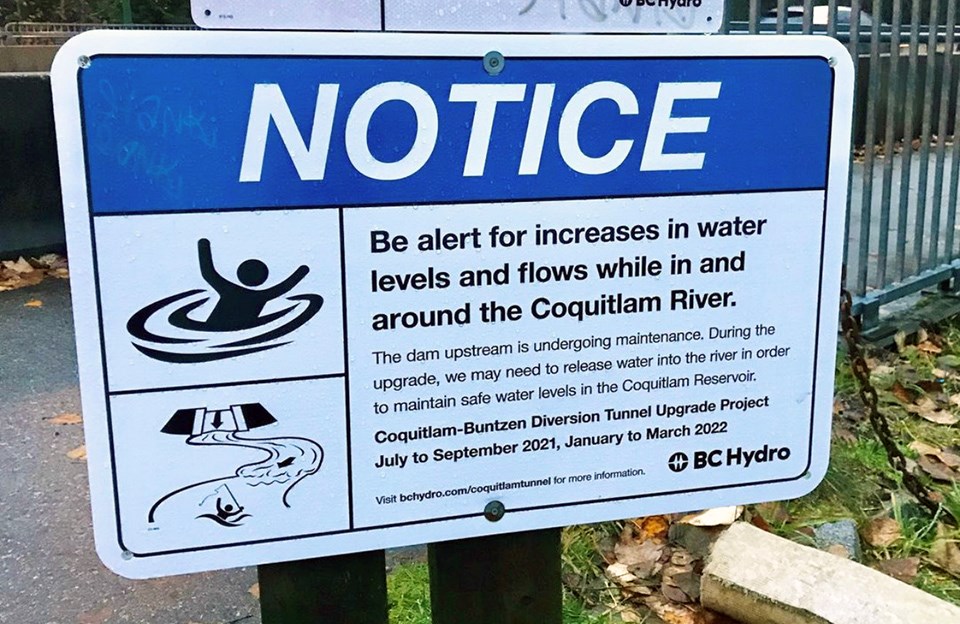 BC Hydro has placed a sign along Coquitlam River Trail to warn residents and visitors of increased water levels due to recent rainfall and atmospheric river events.