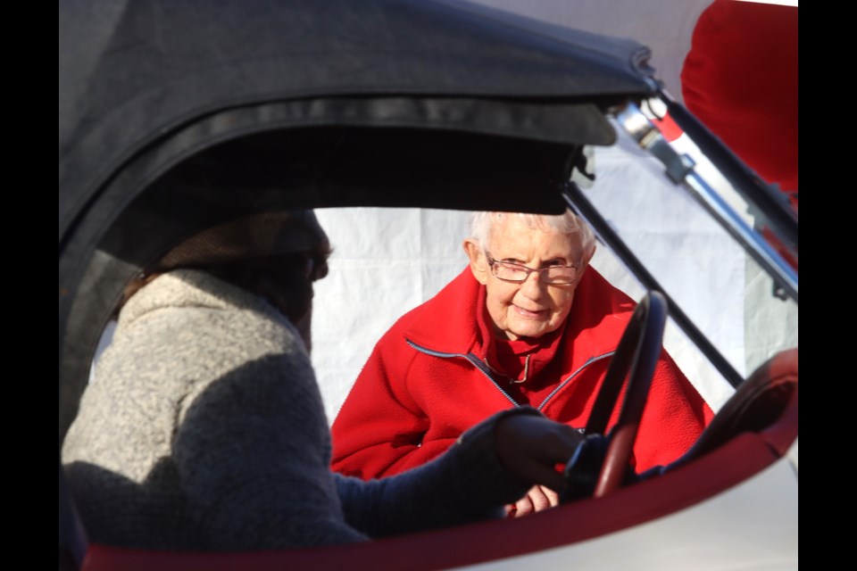 MARIO BARTEL/THE TRI-CITY NEWS 
Several vintage cars joined a parade of about 40 vehicles that paid tribute to Port Moody's Mary Anne Cooper in October, 2020 in a drive-by birthday party at the Ioco Townsite.