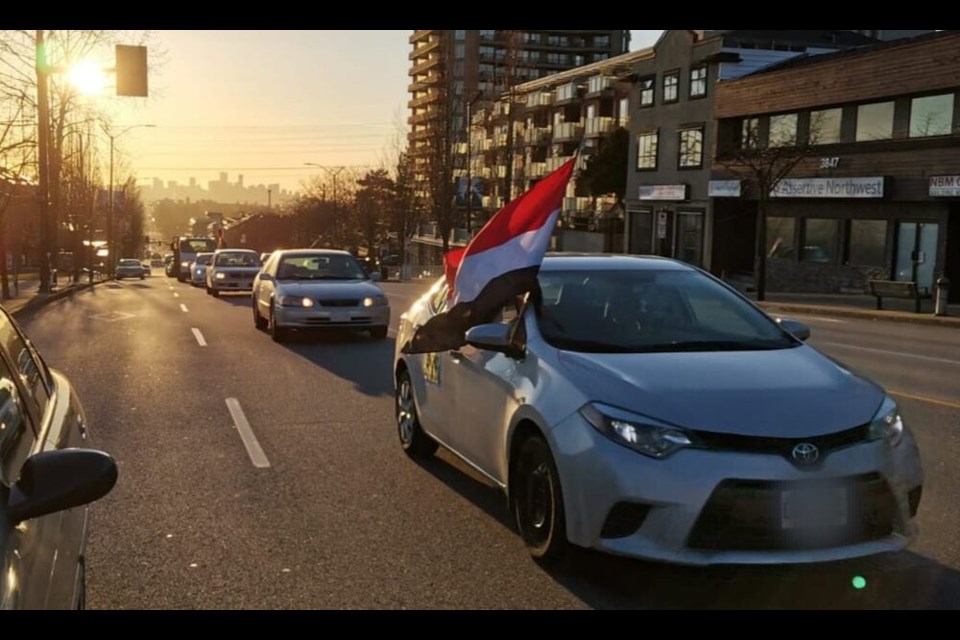 Port Moody's Asaan Al-Jaboubi helps lead a caravan through Metro Vancouver to protest the export of Canadian weapons to Saudi Arabia. The March 25, 2021, protest marked the six-year anniversary of the war in Yemen