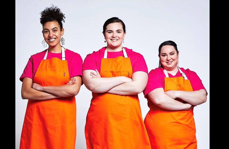 Cassie Curtis (middle) leads a team of bakers, including Dalana Fleming and Emily Skazlic. on The Big Bake.