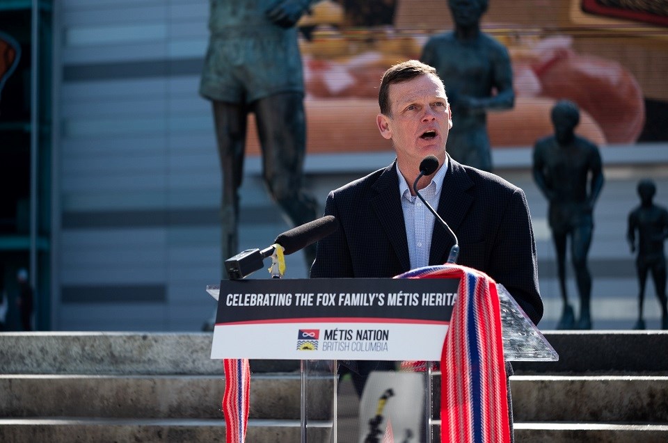 A new plaque is next to the statue of Port Coquitlam hero Terry Fox outside BC Place in Vancouver detailing and honouring his family's Métis heritage. It was unveiled on April 14, 2022.