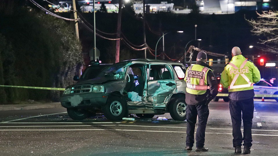 One person was taken to hospital in critical condition the night of March 18, 2022, as Coquitlam RCMP investigated a hit and run at the intersection of Blue Mountain Street and Alderson Avenue.
