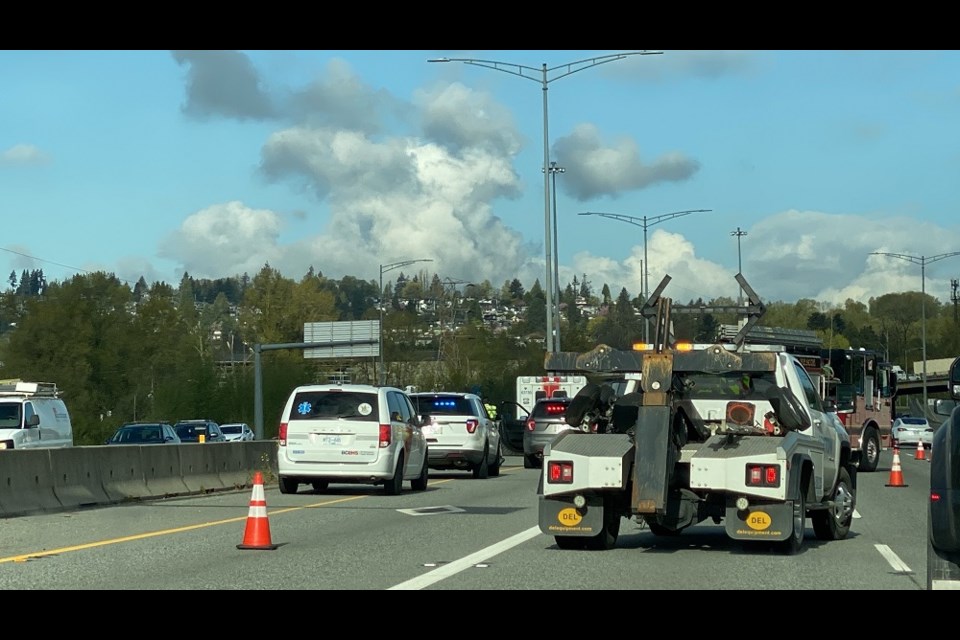 A multi-vehicle collision closed all but the right lane of Highway 1 westbound through Coquitlam near the Brunette Avenue exit the morning of April 27, 2022.
