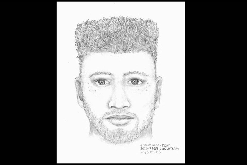 A composite sketch of an assault suspect Coquitlam RCMP are looking to identify following a verbal altercation between dog owners in Burns Park on April 11, 2023.