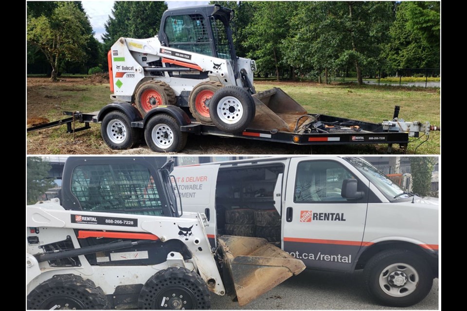 These Bobcat510 skid-steers and trailers were two of many construction machinery stolen from Home Depots across Metro Vancouver, including Coquitlam and Port Coquitlam, in May and June 2023. RCMP are looking for a single suspect in the theft.