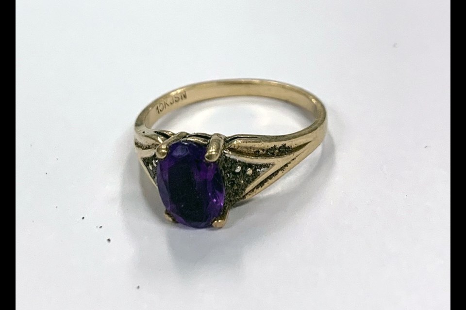 This gold ring with a purple stone was found outside the Mary Hill Community Police Office in Port Coquitlam on Nov. 2, 2022.