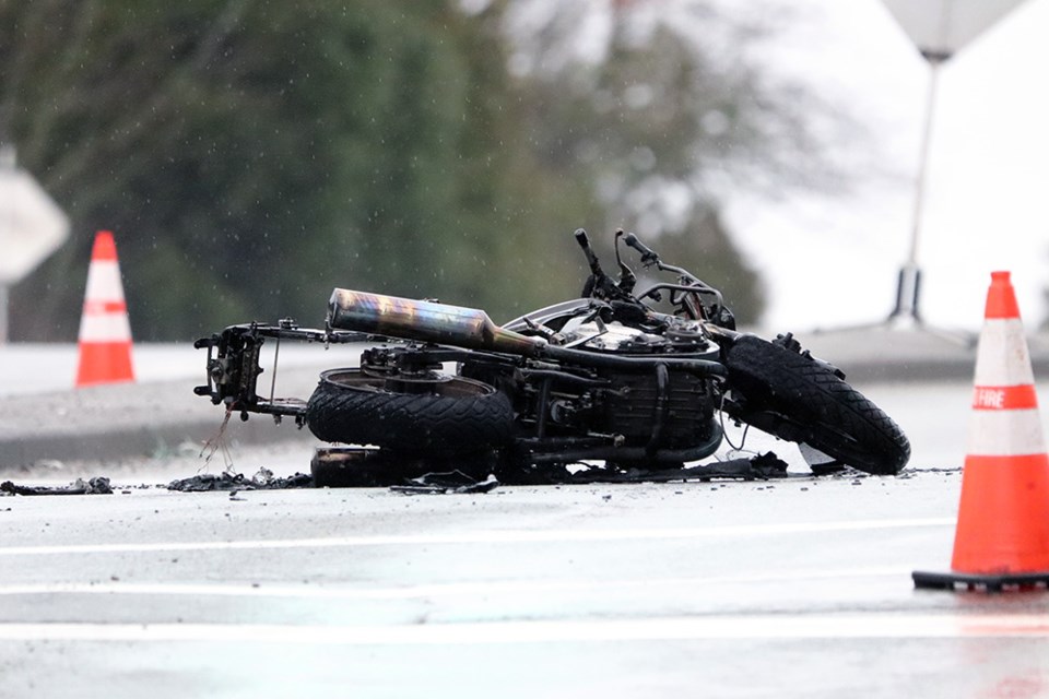 An apparent Coquitlam motorcycle fire near Blue Mountain Street and Lougheed Highway sent its operator to hospital with serious, but non-life-threatening injuries on Feb. 20, 2023.