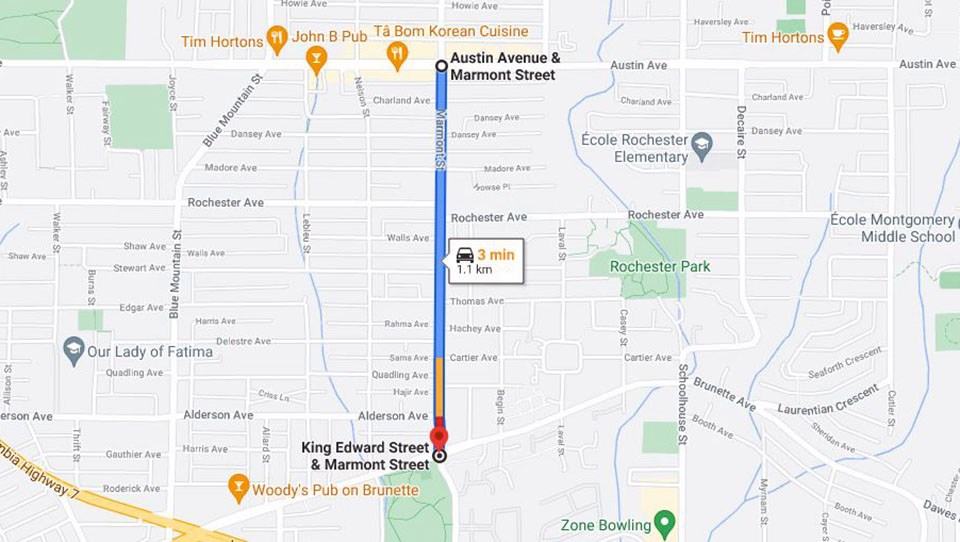 Coquitlam RCMP says the suspect followed the victims' vehicle from Austin Avenue and Marmont Street to Brunette Avenue and King Edward Street before pepper-spraying them on Nov. 26, 2021.
