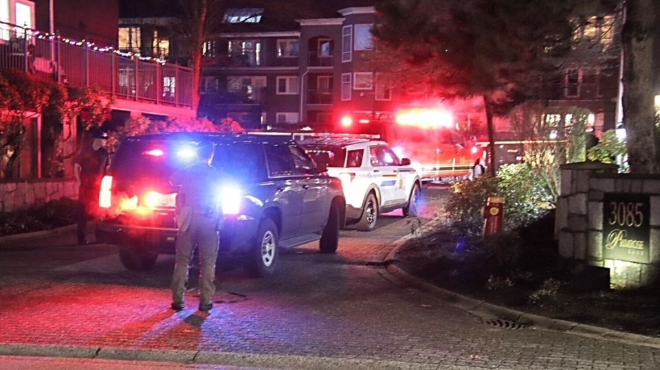 The scene at Westwood Street and Glen Drive in Coquitlam on Jan. 6, 2024, where a 21-year-old Coquitlam man was murdered in a shooting.