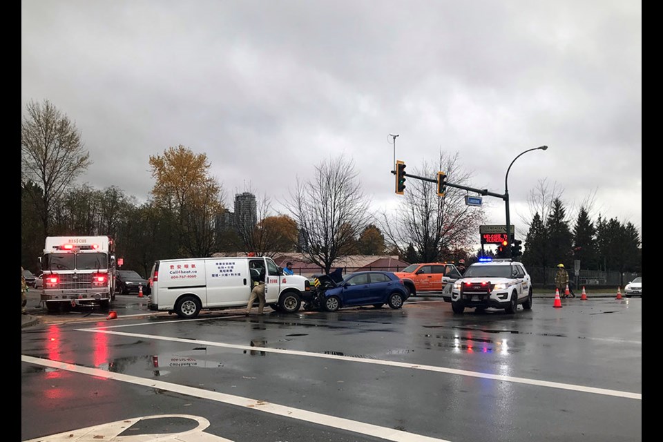 A collision caused traffic congestion at Guildford Way and Lansdowne Drive in Coquitlam on Nov. 4, 2021.