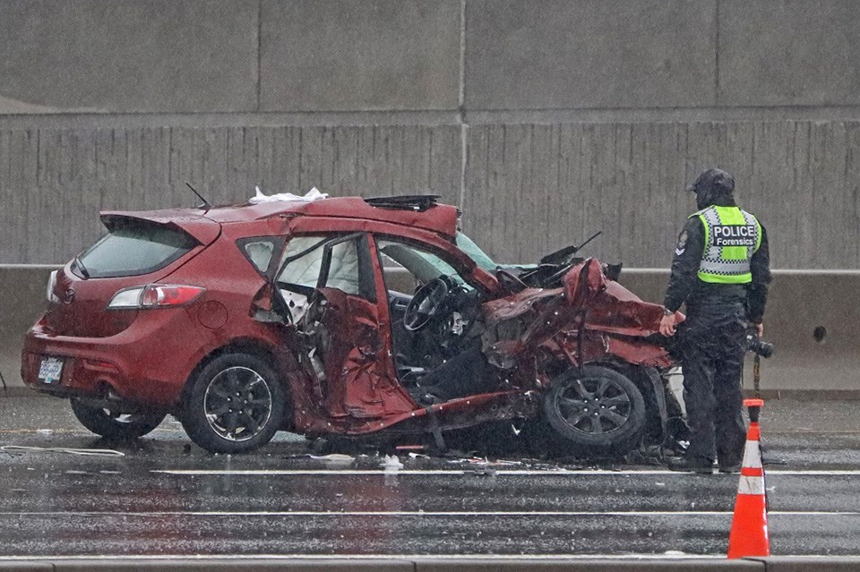A man and a woman were sent to hospital with critical injuries as police believe hydroplaning may have led to a two-vehicle collision on Highway 1 eastbound through Coquitlam near the Port Mann Bridge the morning of Jan. 12, 2022.