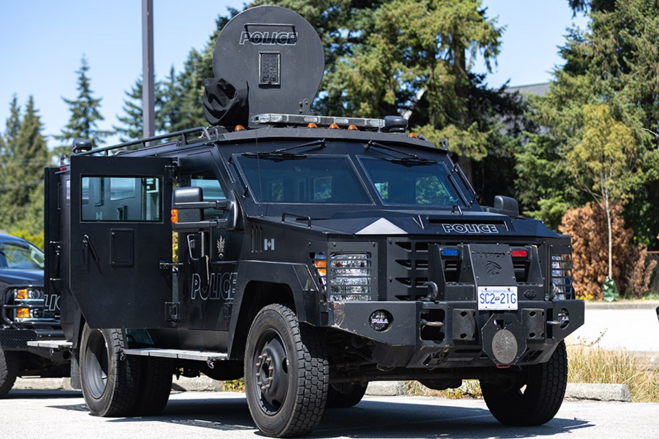 Tri-Cities public safety teams connected with local residents and demonstrated its resources, including this armoured ERT tank, during a free community Show n' Shine in Coquitlam on July 21, 2023.