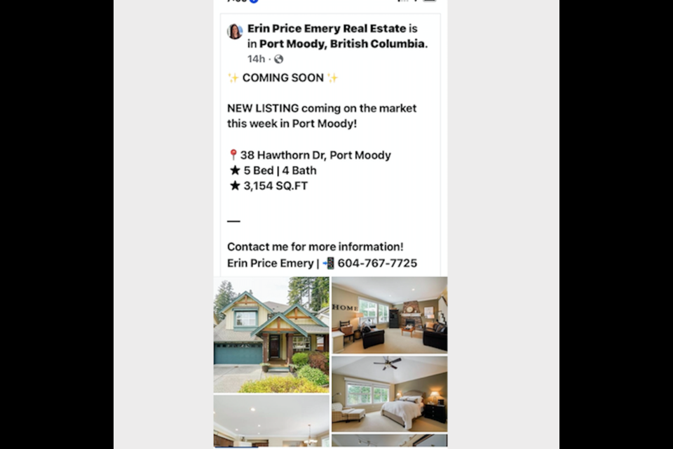 A real estate listing for 38 Hawthorn Dr. in Port Moody was posted on social media but has since been taken down.