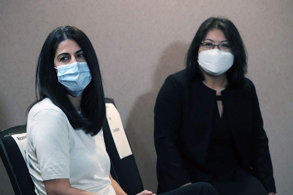 Conservative 2021 federal election candidates Nelly Shin (right, Port Moody-Coquitlam) and Katerina Anastasiadis (left, Coquitlam-Port Coquitlam) during a media conference with party leader Erin O'Toole at the Executive Plaza Hotel in Coquitlam.