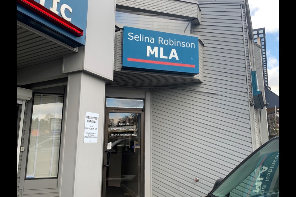 Coquitlam-Maillardville MLA Selina Robinson stepped down as post secondary education minister on Feb. 5, 2023. Later that night, her Austin Avenue office was vandalized, Premier David Eby said, and has since been cleaned.