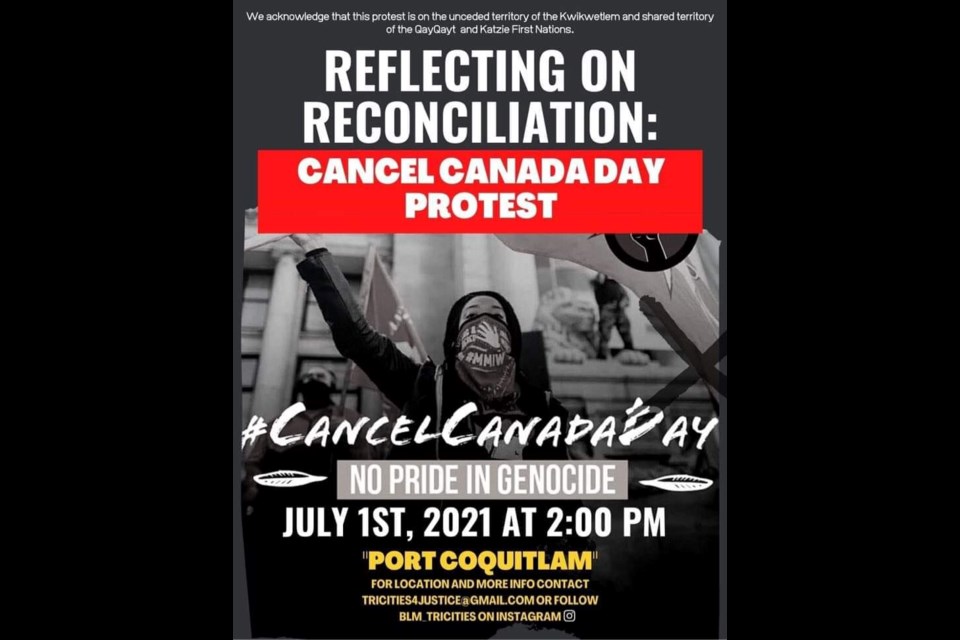 The poster for a planned Cancel Canada Day protest in Port Coquitlam.
