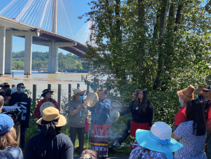 Indigenous leaders held a ceremony at Maquabeak Park in Coquitlam on Saturday to express concerns about an oil pipeline being drilled under the Fraser River.