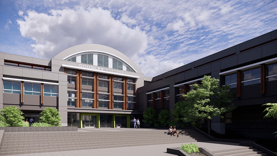 A rendering of what the new exterior of the A/B building is set to look like at Douglas College's Coquitlam campus when construction is completed in 2024.