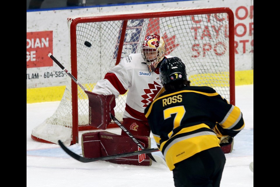 Coquitlam Express forward Tait Ross scores his first of two goals, beating Chilliwack Chiefs goalie Austin McNicholas over the shoulder 14:06 into the first period of their BC Hockey League game Friday at the Poirier Sport and Leisure Complex. Coqutilam won 4-1.