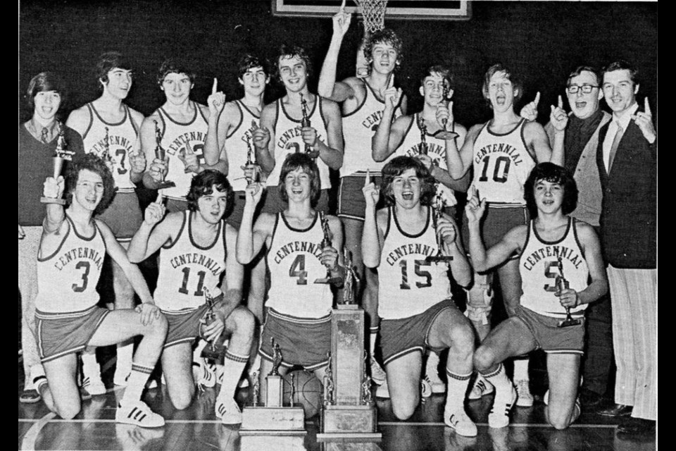 The Centennial Centaurs celebrates its 1972 senior boys high school basketball provincial championship.
