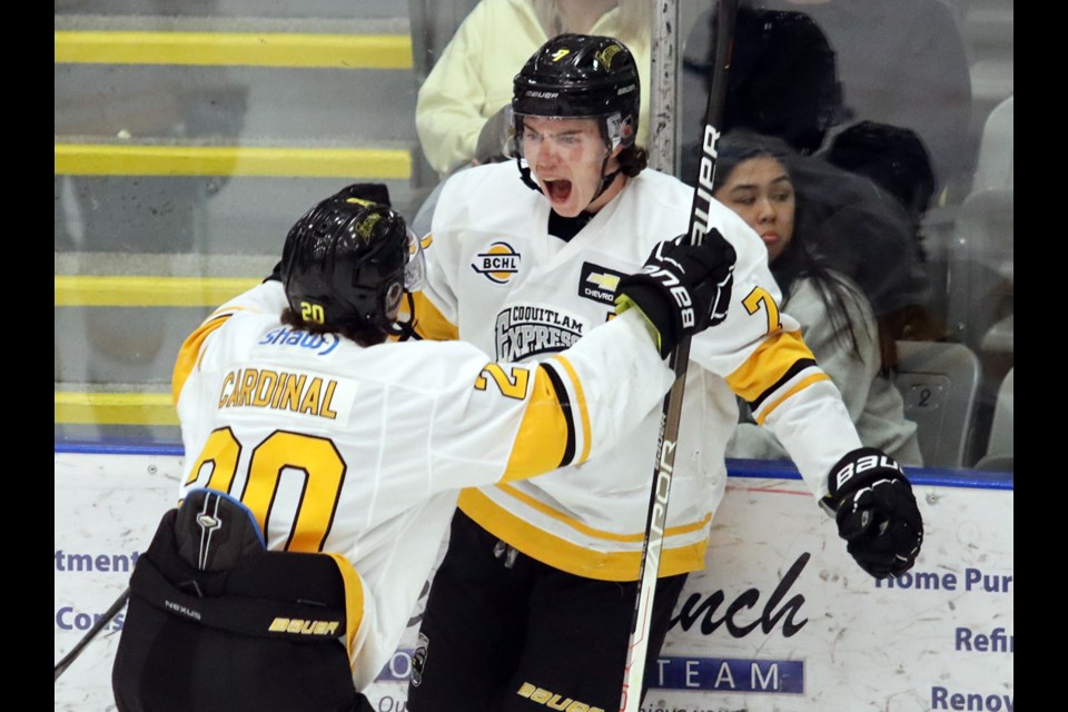 Coquitlam Express forward Kahlil Fontana celebrates his go-ahead goal early in the second period of their game against the Chilliwack Chiefs Saturday at the Poirier Sport and Leisure Complex. Coquitlam won the game, 3-2, to even their best-of-seven playoff series at three games apiece.
