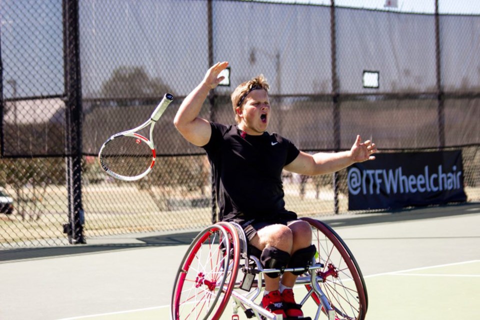 Anmore's Thomas Venos celebrates a win at the 2022 Alabama Open wheelchair tennis tournament.