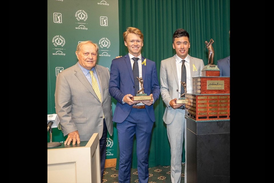 Coquitlam's AJ Ewart (right) was named the 2022 NCAA Div. II national men's golfer of the year after winning seven tournaments with Barry University (Florida), which is named after 18-time major champion and hall-of-famer Jack Nicklaus (left).