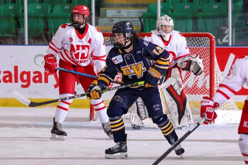 Port Coquitlam's Gillian Lapierre (#12) in action for the Fraser Valley Rush at the 2022 Esso Cup against the Notre Dame Hounds.