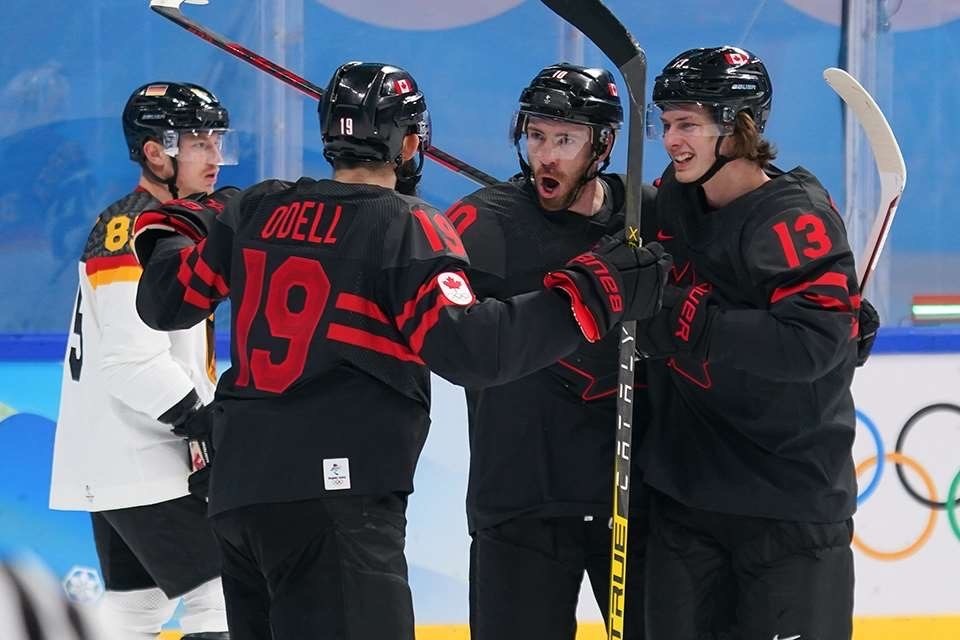 Coquitlam's Ben Street (#10) and Port Moody's Kent Johnson (#13) were paired on the same line together with Canada throughout the Beijing 2022 Winter Olympics.