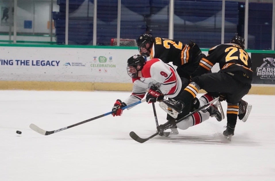 Carson Latimer (#9) is seen here as a member of the Port Moody Panthers during the abbreviated 2020-21 PJHL season. 