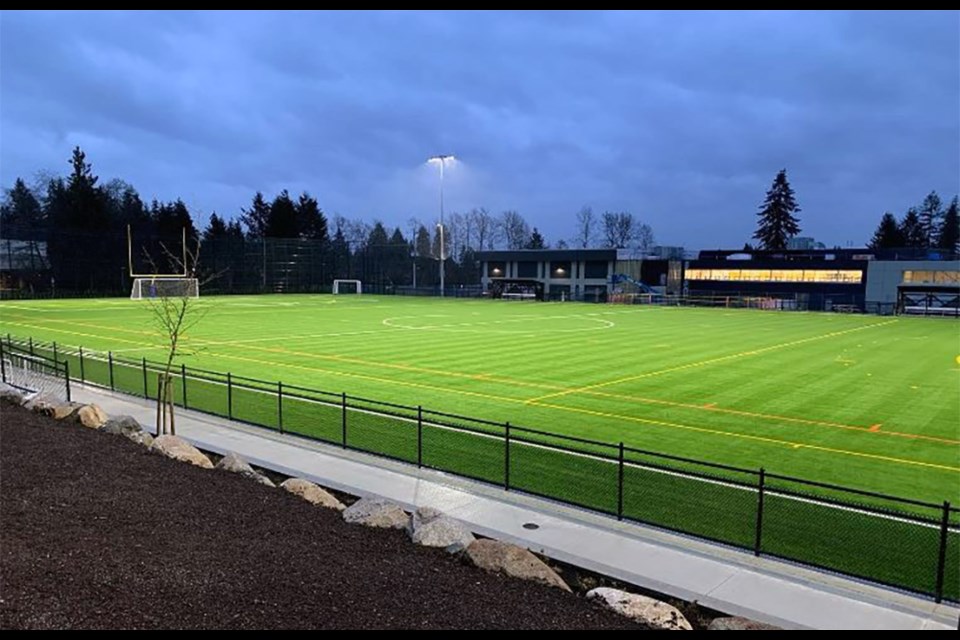 Renovations and upgrades to Coquitlam's Centennial Secondary field were complete in time for senior girls' soccer season in early April 2022. But one thing remains missing from the new facility — a scoreboard.