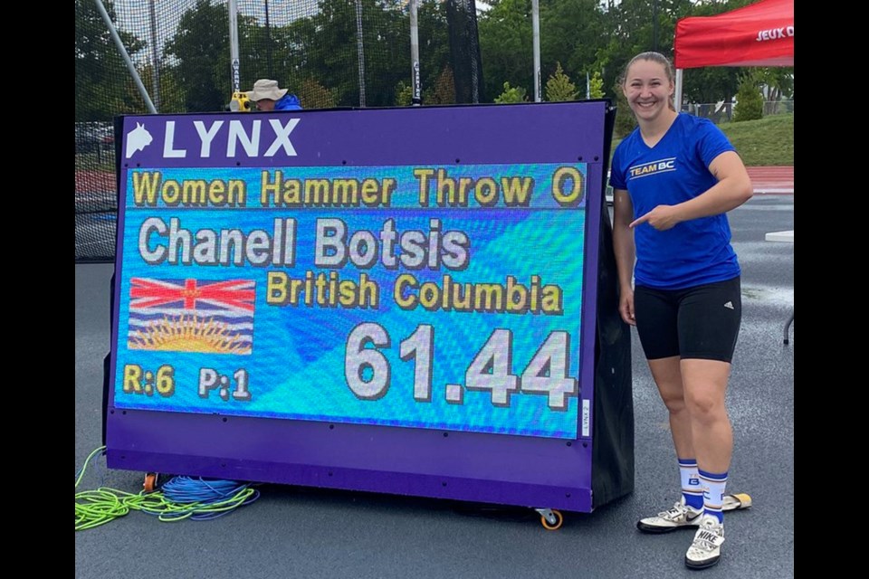 Coquitlam's Chanell Alexa Botsis set a new Canada Summer Games record in women's hammer throw (61.44m) at Niagara 2022.