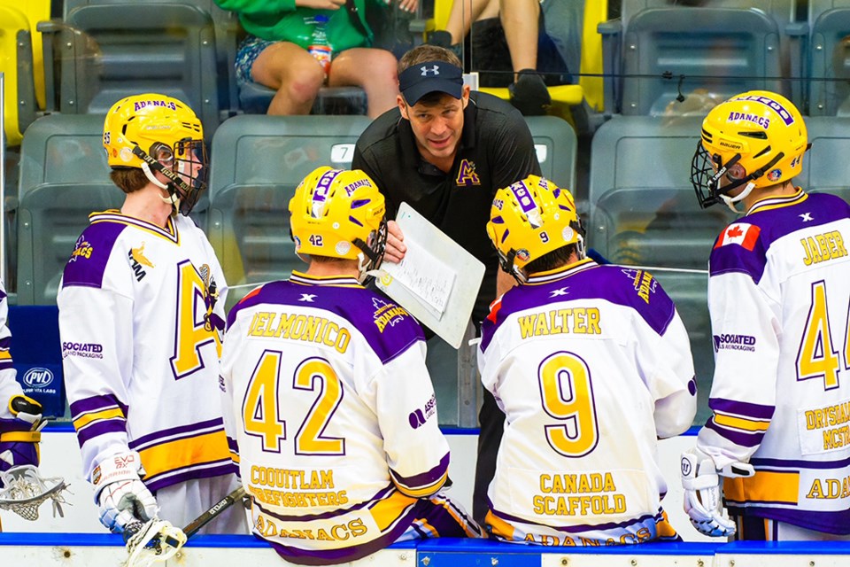 The Coquitlam Adanacs in Western Lacrosse Association (WLA) action against the New Westminster Salmonbellies on June 28, 2022.