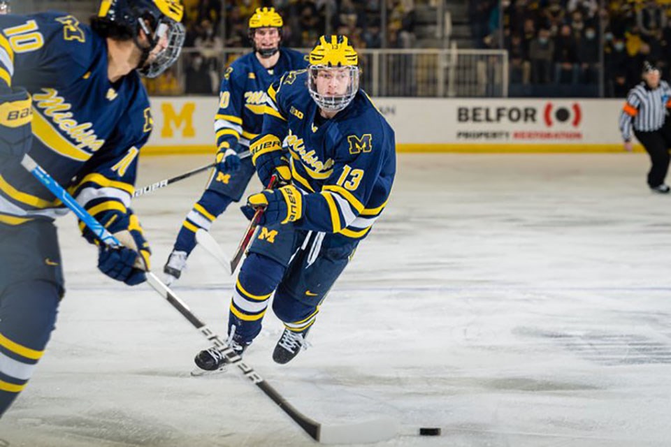 Port Moody's Kent Johnson has been lighting up the board with the University of Michigan, which has earned him a call to Canada's 2022 World Junior Selection Camp.