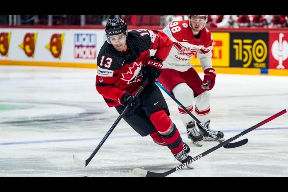 Coquitlam's Mathew Barzal (#13) skates for Canada at the 2022 IIHF men's world hockey championship in Finland.