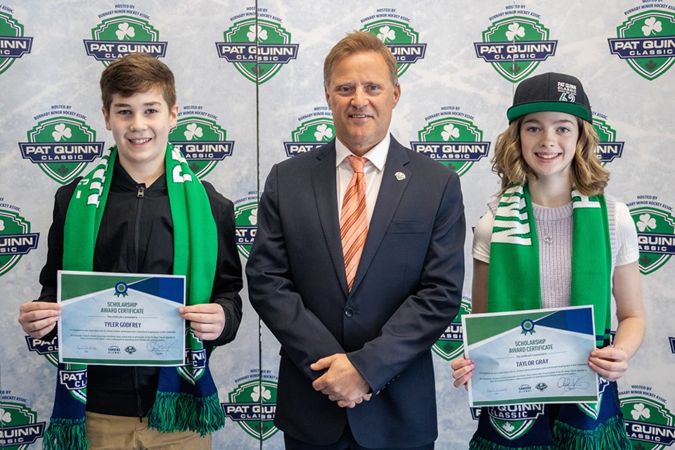 Burnaby's Tyler Godfrey (left) and Tri-Cities Predators' Taylor Gray (right) were recipients of $1,000 scholarships from the Vancouver Canucks Alumni Association at the 2021 Pat Quinn Classic tournament.