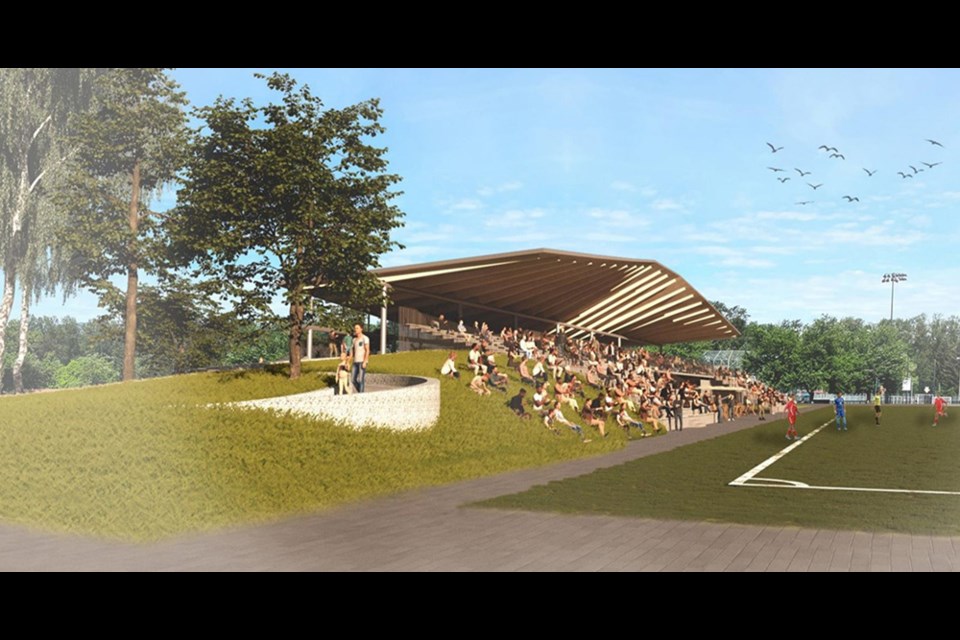 The final design for a new fieldhouse at Port Coquitlam's Gates Park includes a partially covered grandstand area for 1,200 spectators.