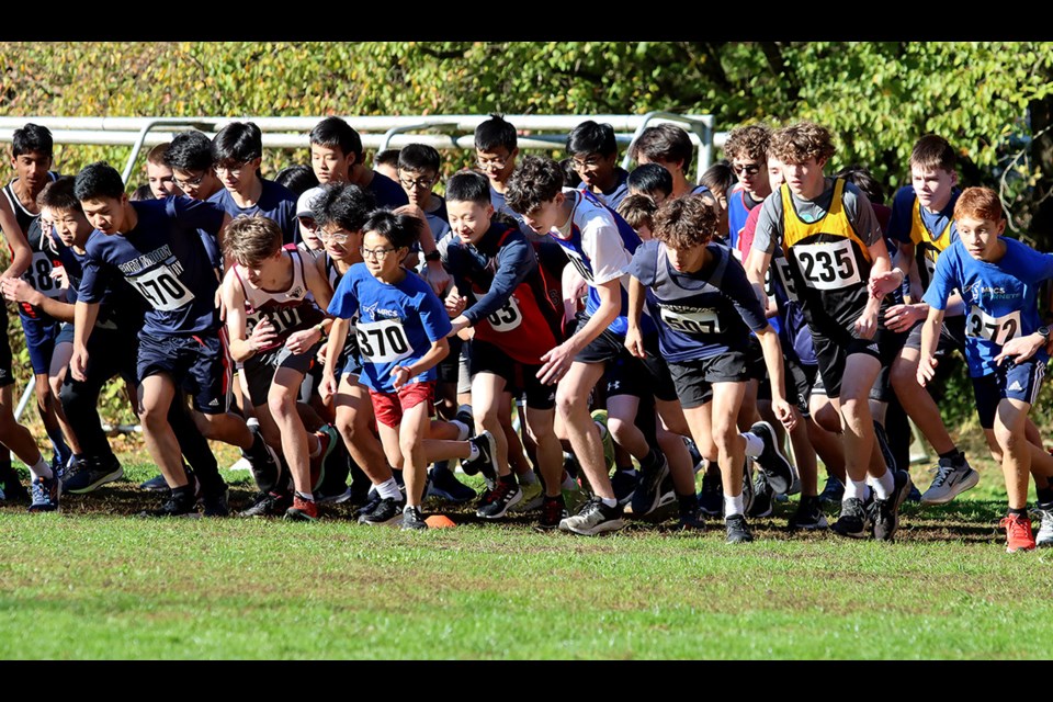 The junior boys set off for their race at the Fraser North high school cross country championships, Wednesday at Mundy Park in Coquitlam. High schools from the Tri-Cities, Burnaby, New Westminser and Maple Ridge participated.