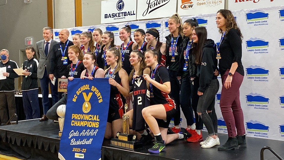 The Terry Fox Ravens senior girls basketball team won the 2022 BC AAAA championship on March 5, 2022. Players hold up the #2 jersey in honour of the late Karin Khuong, who would've competed with the team but died from a rare form of childhood cancer in October 2020.