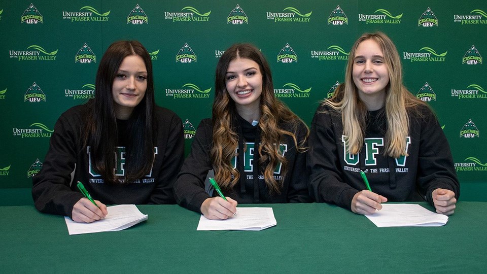 [From left to right] Ana-Maria Misic, Alisha Weloy and Lauren Clements of Terry Fox Secondary in Port Coquitlam are staying together and will share a court once more as members of the UFV Cascades of Canada West and U Sports basketball.