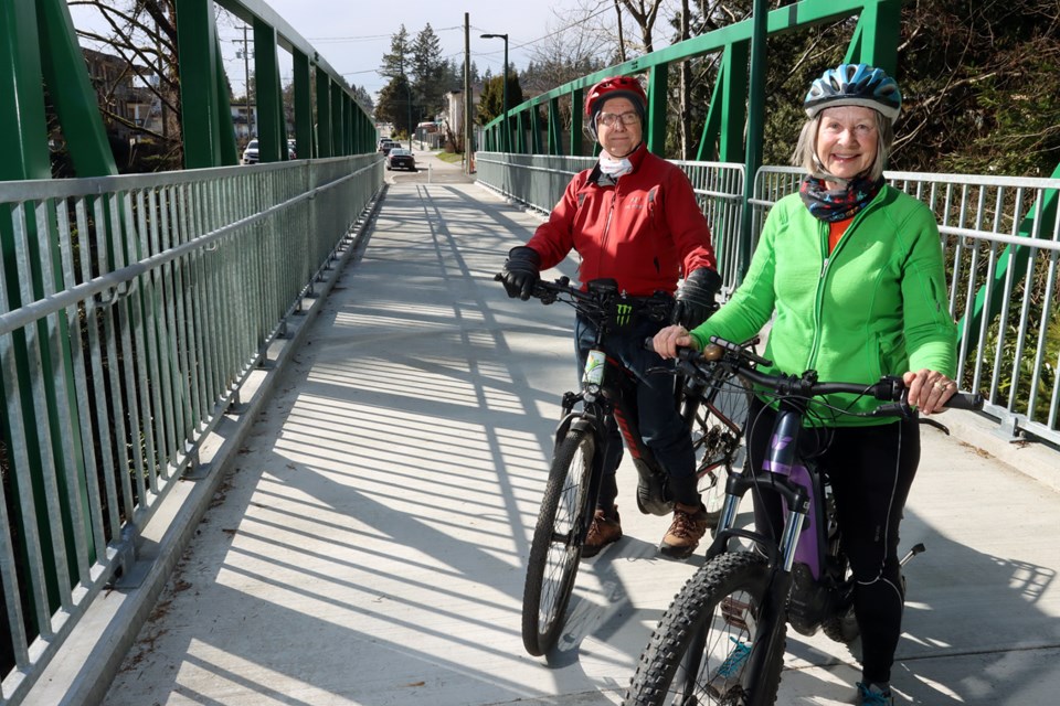 MARIO BARTEL/THE TRI-CITY NEWS 
Cycling advocates Leon Lebrun and Colleen MacDonald say the completion of a new east-west bike route along King Albert Street in Coquitlam is a major step in improving cycling connectivity in the city.