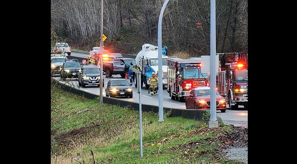 A motor vehicle incident on Mary Hill Bypass west of Port Coquitlam on Dec. 14, 2021, sent one person to hospital and resulted in a $109 fine for another driver.