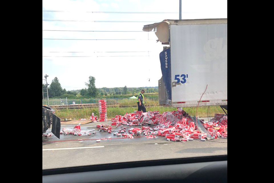 Budweiser truck blocks Lougheed Highway in Coquitlam Aug. 17, 2021
